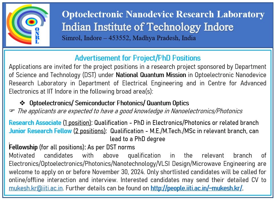 Research/PhD positions in Integrated Photonics at IIT Indore | RA=1; JRF=2 | Last Date: 31st January 2025
